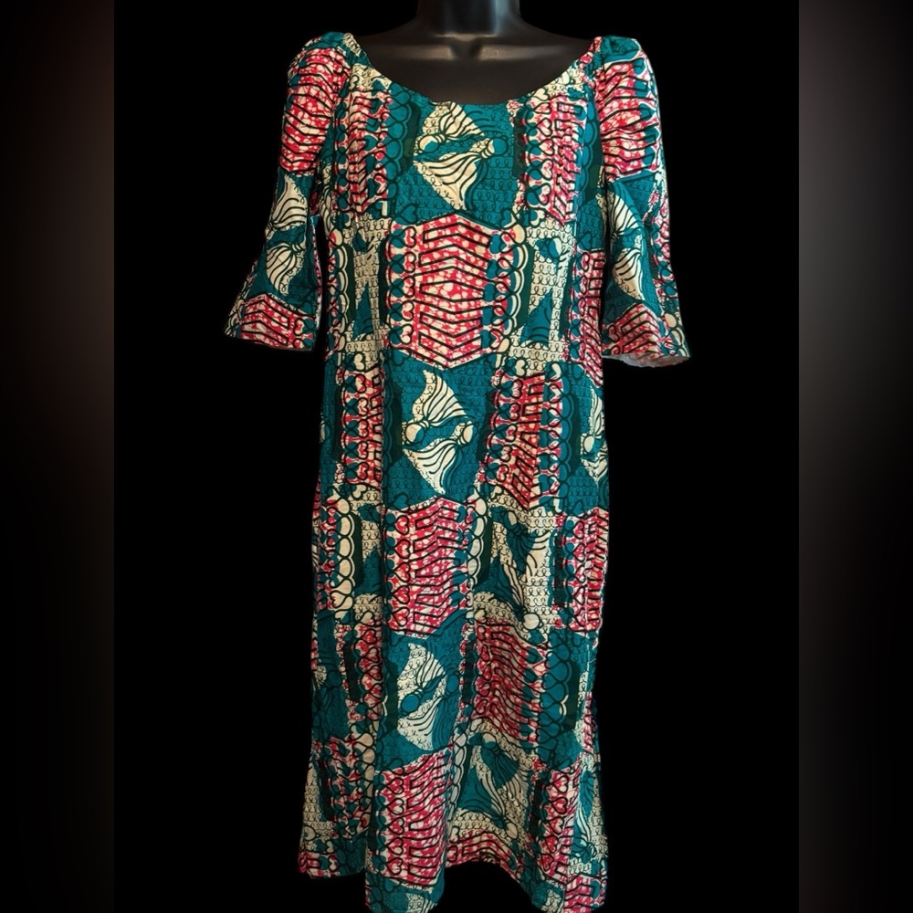 Green and Blue Bell Sleeve Crew Neck Dress